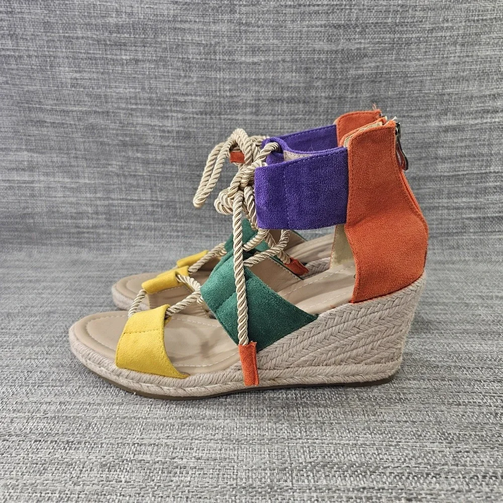 Shein Faux Suede Sandals Espadrille Wedge Ankle Strap Colorblock Women US 9.5/41